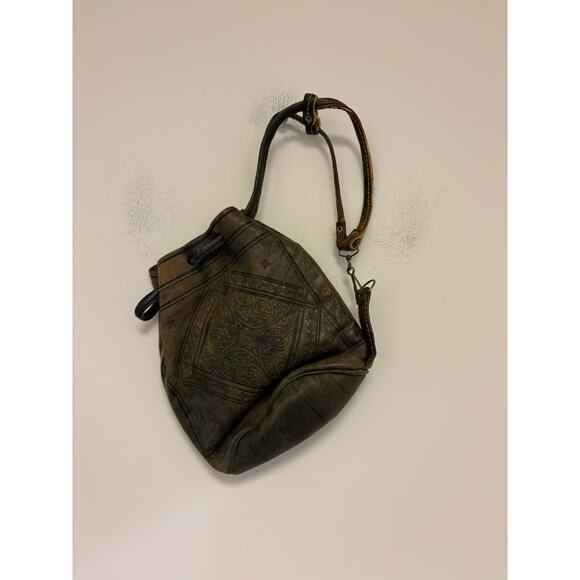 Vintage Tooled Leather Green Brown Backpack Bag - Picture 2 of 4